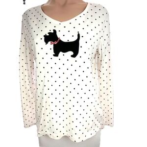Croft & Barrow Classic Top Size M White w Black Dots & Scottish Terrier Applique